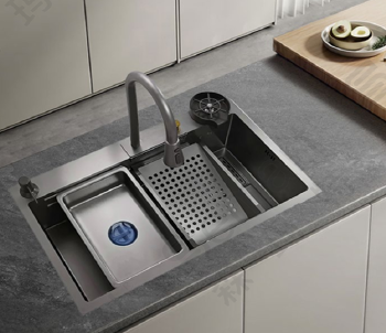 Multifunctional stainless steel kitchen sink without knife holder single bowl three hole black waterfall trash can cup washer includes