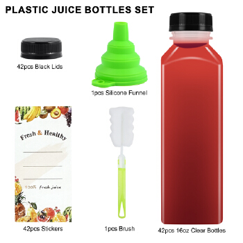 16 oz Plastic bottles with lids,Juice bottles with caps, Reusable Clear Bulk Beverage Containers for Juice, Milk and Other Beverages