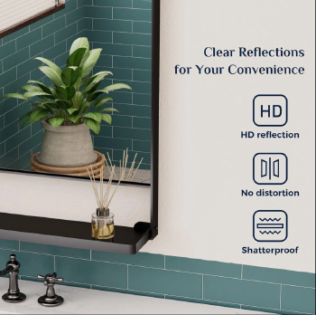 Stylish Black Rectangular Bathroom Mirror with Convenient Storage Stand