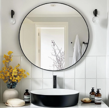 Round Mirror, Black Round Mirror. The 80 Cm Circular Wall Mirror Has a Metal Frame
