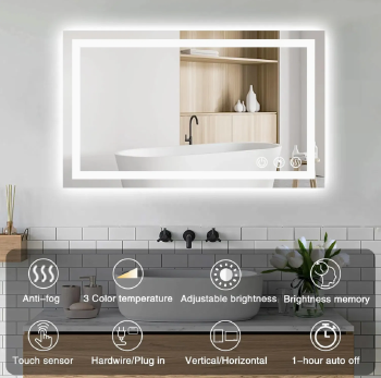 100*60 Cm LED Bathroom Mirror, 3 Color Temperatures, Dimmable Bathroom Vanity Mirror with Lights