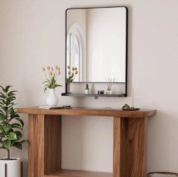 Stylish Black Rectangular Bathroom Mirror with Convenient Storage Stand