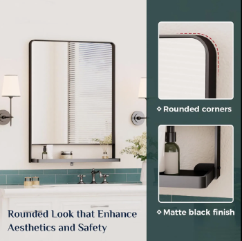 Stylish Black Rectangular Bathroom Mirror with Convenient Storage Stand