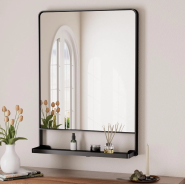 Stylish Black Rectangular Bathroom Mirror with Convenient Storage Stand