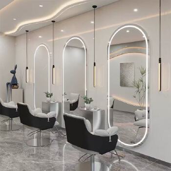 Minimalist single-sided salon mirror with integrated beauty lighting—designed specifically for hair salons.