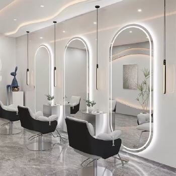 Minimalist single-sided salon mirror with integrated beauty lighting—designed specifically for hair salons.