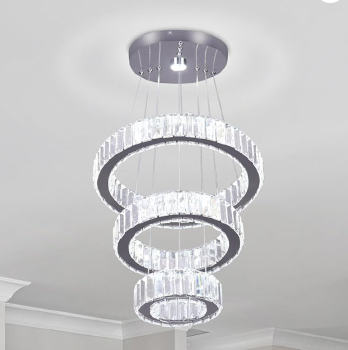 3 Ring Crystal Ring Pendant Chandelier Adjustable Dimmable Remote | Stainless Steel LED Ceiling Light