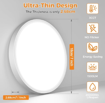 Bathroom Light, 3000K/4000K/6500K 3 Color Temperature, Waterproof, Small, Round, Modern, Flush Ceiling Light